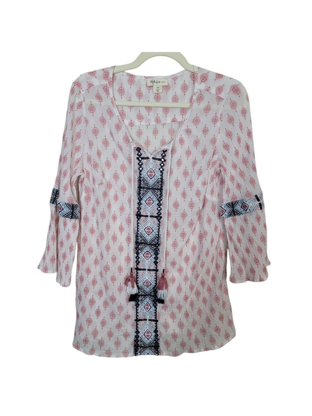 Style & Co Women's Plus Size 1X Bohemian Gauzy Blouse Embroidered Tassel Cotton